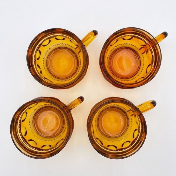 Vintage King’s Crown Amber Thumbprint Tea Cups – Set of 4 | Short King's Crown S - Picture 2 of 5